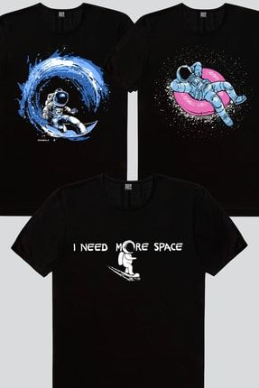Havuzda Astronot, Galaktik Sörfcü, Uzayda Kaykay Erkek Tişört 3'lü Eko Paket 1M1BM992AX