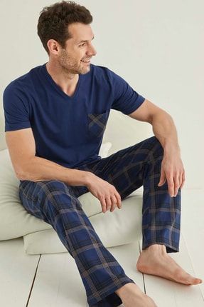 Erkek Pamuklu Penye Süprem Kısa Kol Pijama Takımı Lacivert Renk 7920