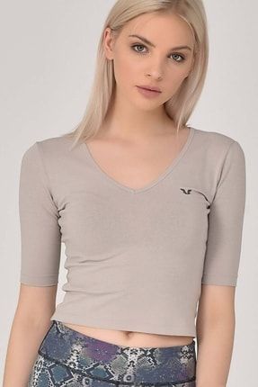 Kadın Krem V Yaka Sırt Detaylı Yarım Kol Pamuklu Yoga T-shirt 8105 TB20WY19S8105-1