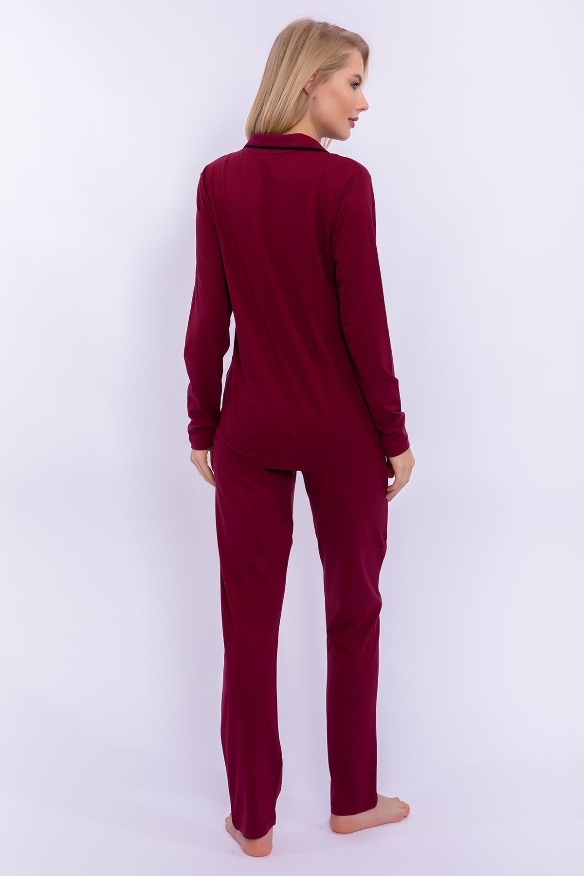 Bordo Kadın Gömlek Pijama Takımı