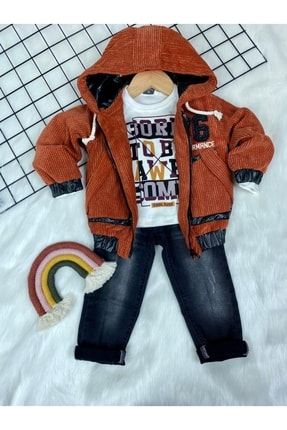 Çocuk Turuncu Kadife Kapüşonlu Mont,sweatshirt Ve Likralı Jean Pantalon 3'lü Takım ekose001