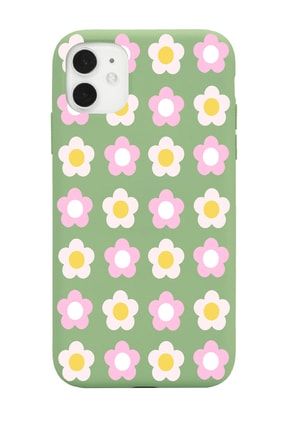 Iphone 11 Uyumlu Yeşil Dama Ve Çiçekler Tasarımlı Lansman Kılıf FCIP11-253