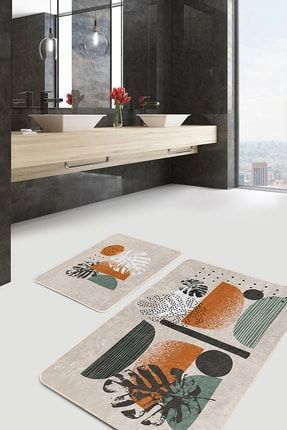 Pastel Renkli Yaprak Desenli Özel Tasarım 2'li Kaymaz Tabanlı Banyo & Mutfak Paspas Takımı PaspasTakimi-2li-Set215