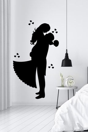 Mutlu Sarılan Çift Dekoratif Yatak Odası Salon Duvar Dekorasyon Sticker STC238-SİYAH
