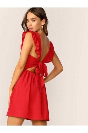 Kırmızı Krep Kumaş Sırt Dekolteli Mini Elbise Abiye Elbise Mezuniyet Elbisesi Emr-581389 621 TKN-621