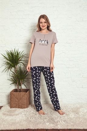 Kadın Pamuk Kumaş Kısa Kollu Penguen Desenli Lila Pijama Takımı 3113