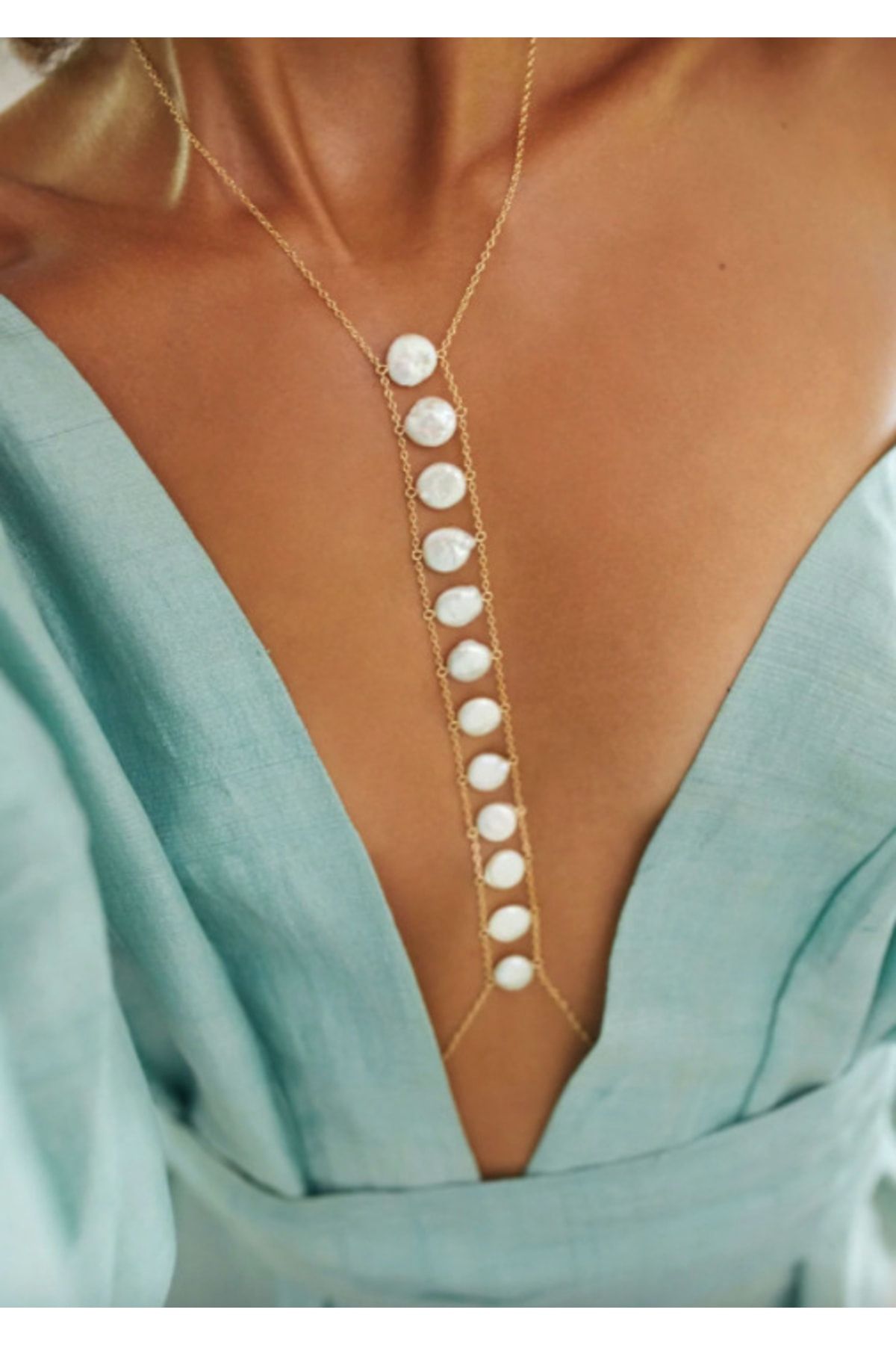 Qielle 925 Sterling Silver Pearl Row Fishbone Body Chain Does Not Tarnish in the Sea
