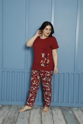 Kısa Kol Pamuklu Büyük Beden Kadın Pijama Takımı SBT20524