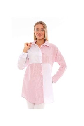 Pembe Çizgili Iki Renk Uzun Kol Gömlek Poplin Terikoton Kumaş Bluz Tunik 13301