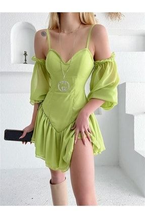 Mona Gloplu Şifon Elbise Yeşil TX3A18E5177678