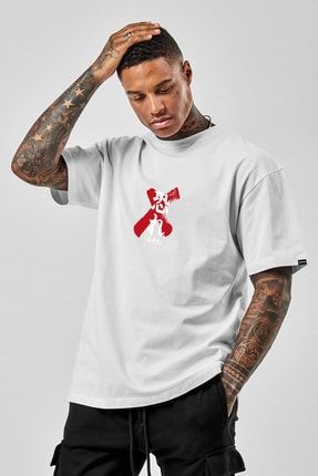 Erkek Oversize T-shirt X Yazı Baskı Beyaz Newyorkdp