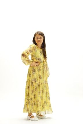 Kız Çocuk Portfolio Kumaş Çiçek Desenli Astarlı Uzun Elbise ELB-0015
