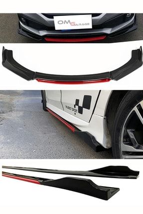 Chevrolet Cruze 2009-2013 Kırmızı Şeritli Ön Lip Ve Yan Marşpiyel Seti Piona Black OYN36166