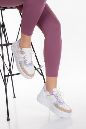 Beyaz Bağcıklı Kahverengi Lila Açık Mavi Detaylı Günlük Sneaker Ayakkabı kcli-spor-4