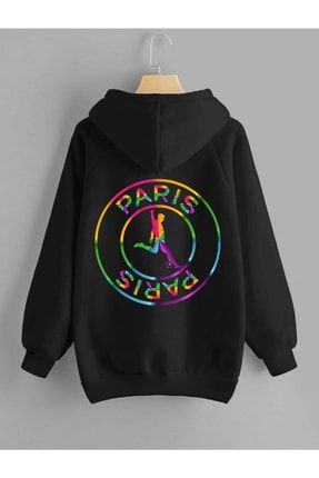 Erkek Kapüşonlu Sweatshirt Renkli Paris Baskı Siyah paris2