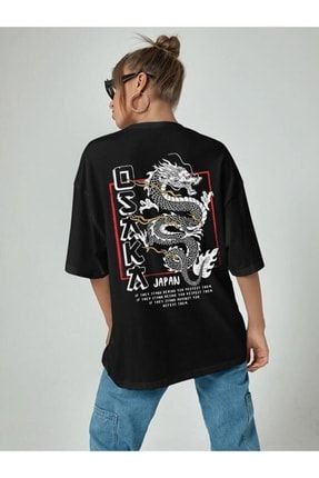 Kadın Siyah Osaka Japan Baskılı Oversize Tshirt 0088