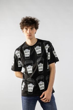 Siyah Unisex Kahve Baskılı Oversize Kısa Kollu T-shirt PJ1001