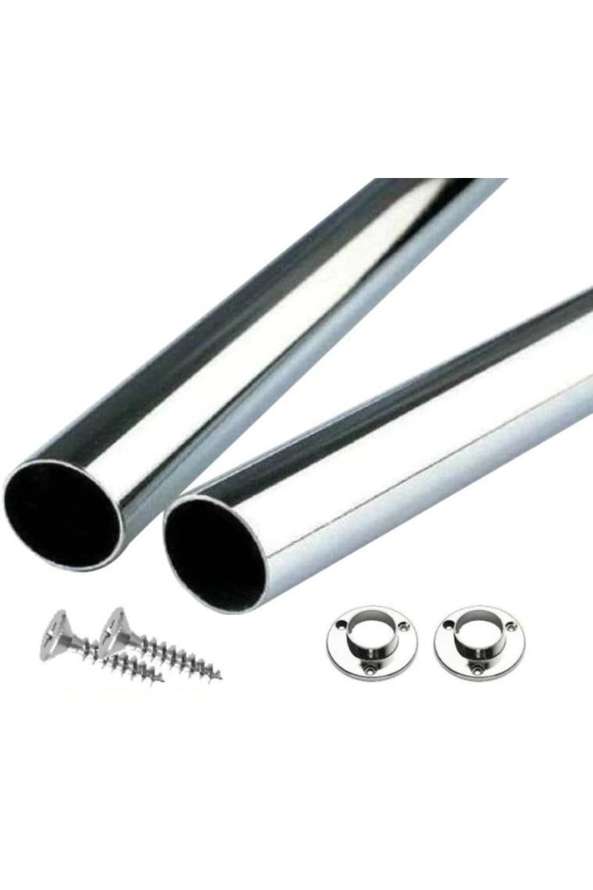 ARON Yuvarlak Krom Parlak (110cm) Dolap Içi Elbise Askı Borusu + 2 Adet Flanş + Vidalar