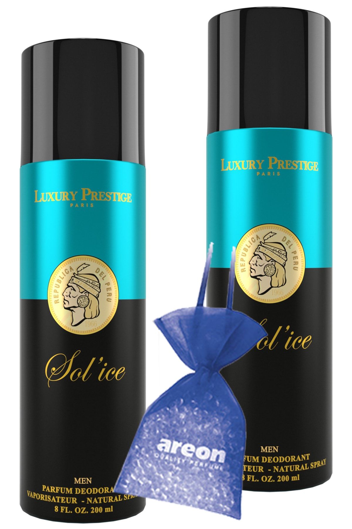 بسته 200 میلی لیتری مردانه لاکچری Prestige Sol Ice Deo + هدیه رایحه کمد لباس طبیعت Luxury Prestige
