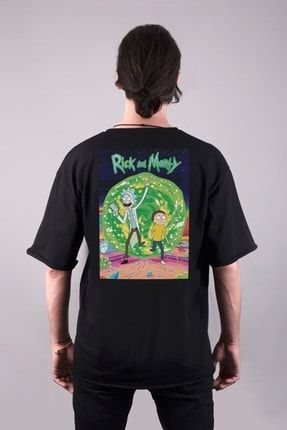Rick And Morty Baskılı Oversize Siyah T-shirt T095