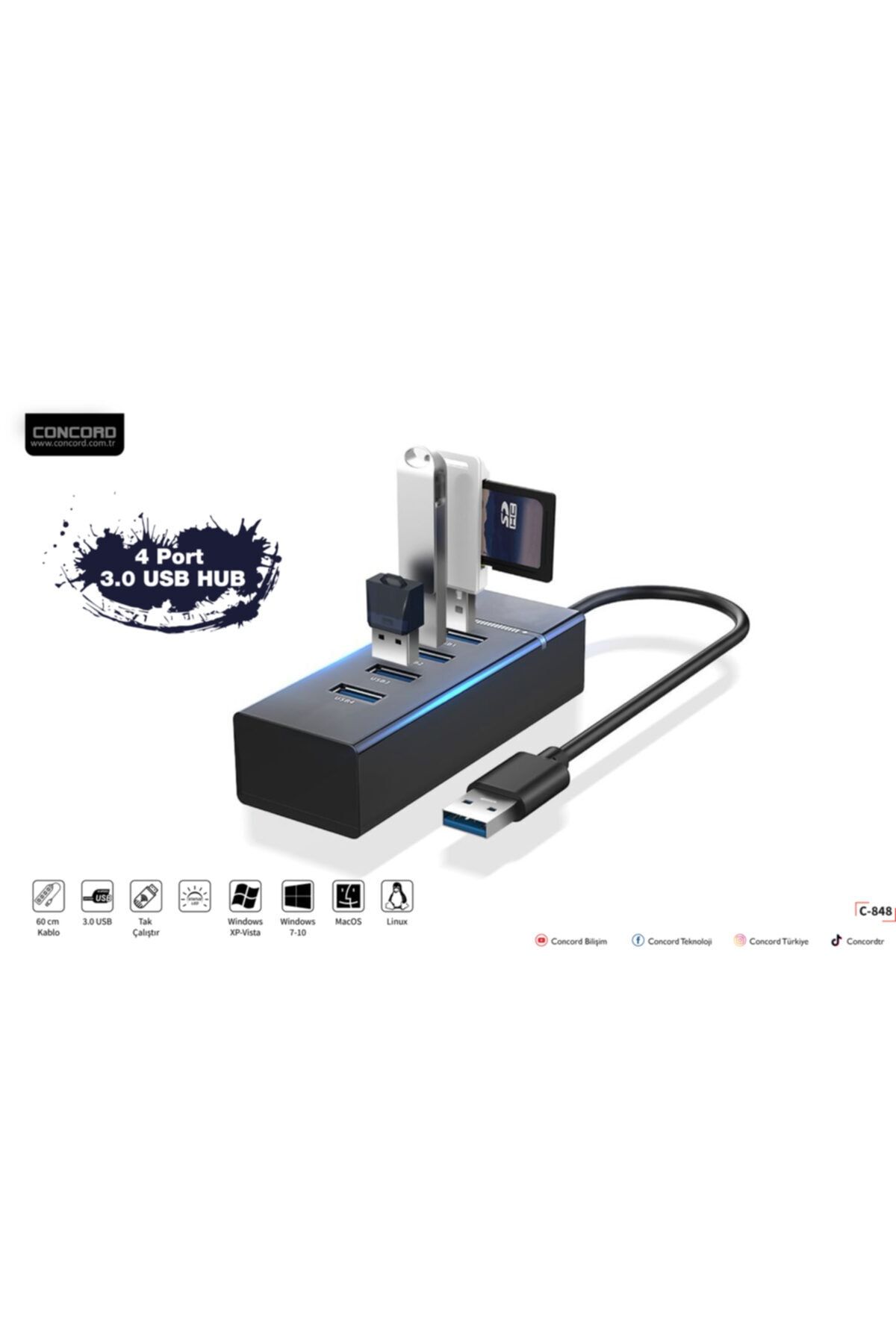 Concord-Pc Laptop Adapter Cable Multiplexer 4 Port USB 3.0 Hub C-848 2