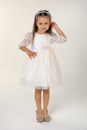 Kız Çocuk Beyaz Dantelli Kollu Elbise 9302