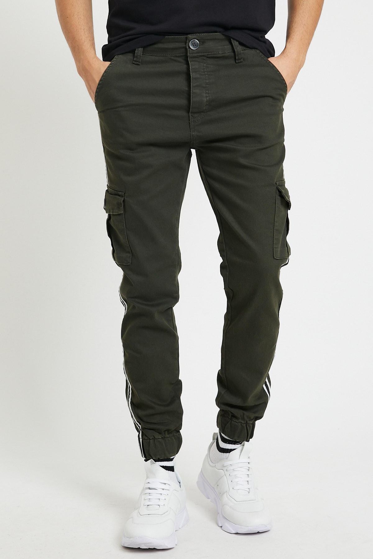 Serseri Jeans Erkek Haki Renk Yandan Cepli Şerit Detaylı Jogger Paçası Lastikli Pantolon