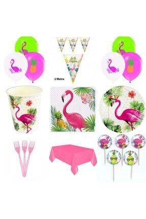 16 Kişilik Flamingo Filamingo Doğum Günü Parti Tabak Bardak Çatal Peçete Kürdan Balon Paketi DG001