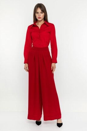 Kadın Kırmızı Pileli Pantolon Etek INV1004