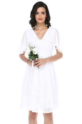 Kadın Beyaz Melek Kol Kısa Elbise ML020600X