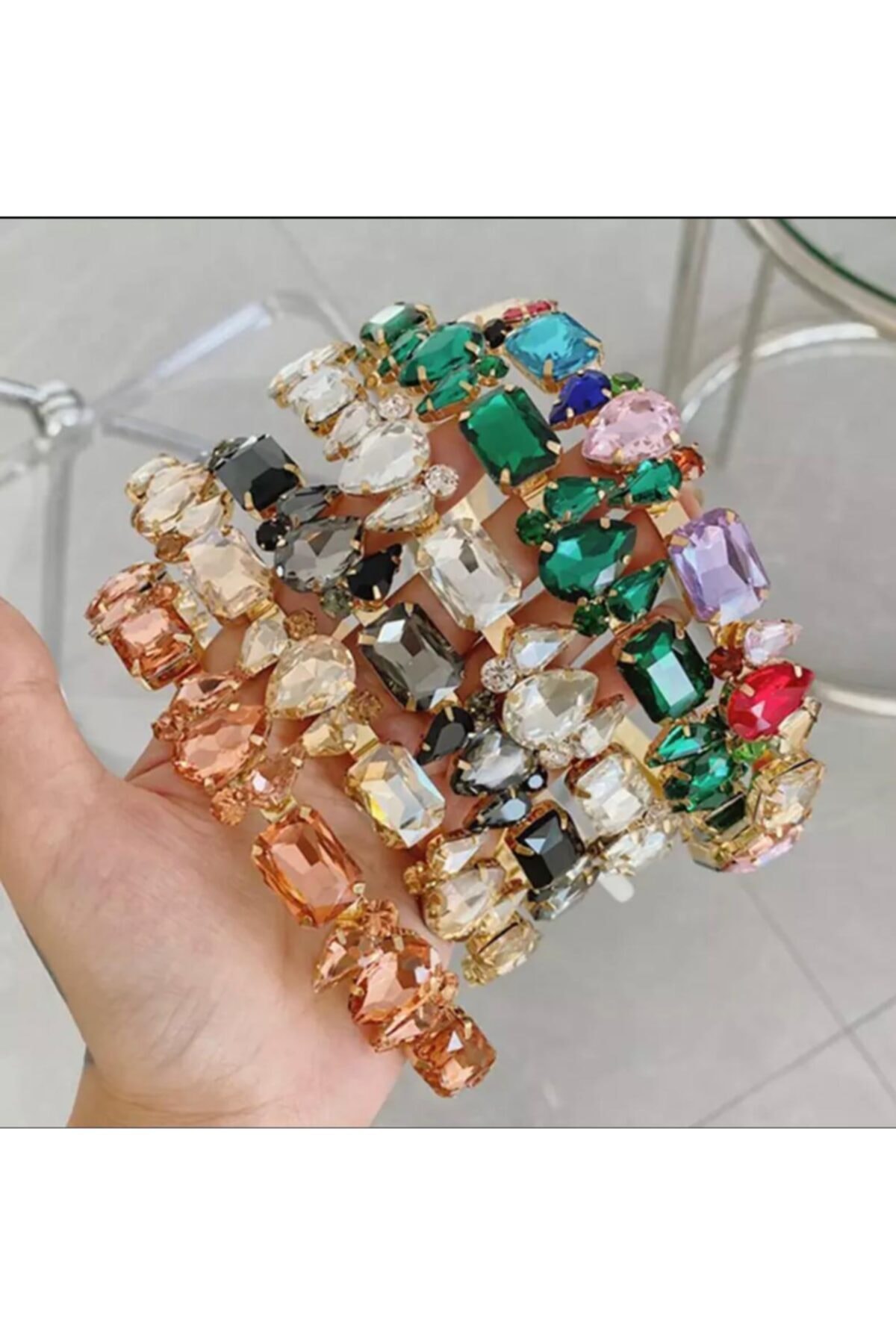Trend Iri Lüks Beyaz Kristal Sıra Taşlı Metal Gold Taç 2
