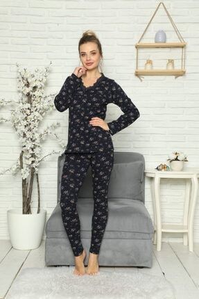 Kadın Lacivert Baskılı Dantel Detaylı V Yaka Uzun Kol Penye Pijama Takım 43407
