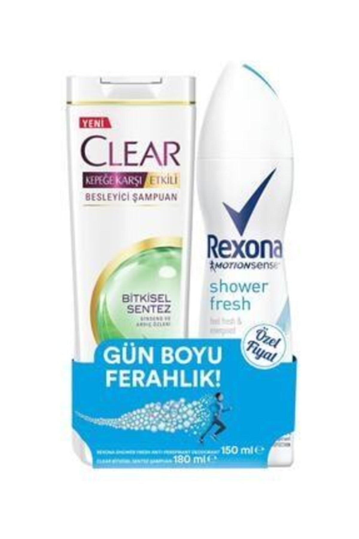 Rexona Kadın Deodorant Sprey Shower Fresh 150 Ml + Clear Kadın Şampuan Bitkisel Sentez 180 Ml