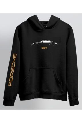 Erkek Siyah Özel Tasarım Porsche Baskılı Kapşonlu Sweatshirt 997 66551561561561000188790036