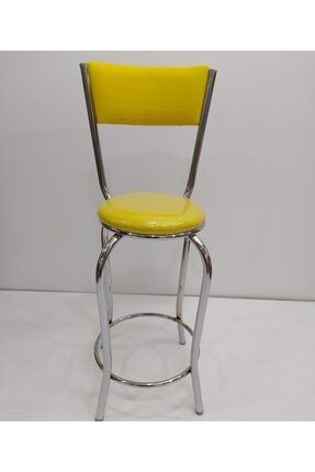 Sandalye Bar Tipi Yüksek Model Sarı 4 Adet Metal Çelik Nikelaj Suni Deri Döşeme El Yapım Bengi Tabure Bar Tipi Sarı 4 Adet