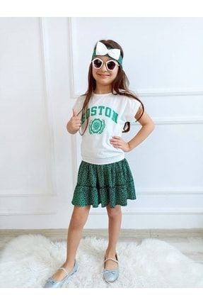 Kız Çocuk Leopar Desenli Elbise - Bandana Takımı Yeşil NİSA1082