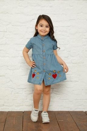 Kız Çocuk Mavi Nakışlı Kot Elbise WOC0235GA