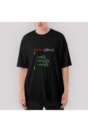 Eat Sleep Code Yazılımcı Oversize Siyah Tişört OZT3249