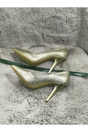 Altın Parlak Cilt Deri Topuk Kaplama Kadın Stiletto Ayakkabı TYC00405969168