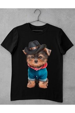 Şapkalı Sevimli Yorkshire Köpek Baskılı Tshirt kpk001