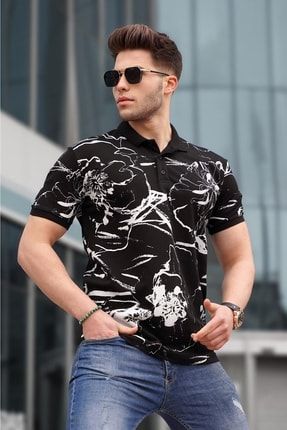 Siyah Desenli Polo Yaka Erkek T-shirt 5816