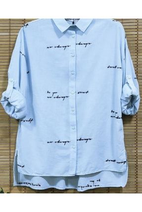 Buz Mavisi Yazı Nakışlı Gömlek STS_BuzMavisiYazıNakışl Gömlek