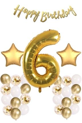 Gold Konsept 6 Yaş Doğum Günü Kutlama Seti; Beyaz Gold Konfetili Balon, Rakam Yıldız Folyo Ve Banner PG0546B