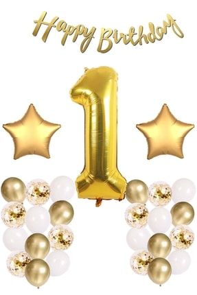 Gold Konsept 1 Yaş Doğum Günü Kutlama Seti; Beyaz Gold Konfetili Balon, Rakam Yıldız Folyo Ve Banner PG0546B