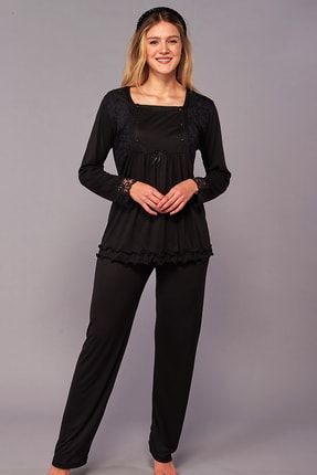 Dantelli Lohusa Pijama Takım Siyah 6206