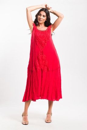 Otantik Vual Pamuk Güpür Detaylı Askılı Kırmızı Maxi Elbise SK2021-1032