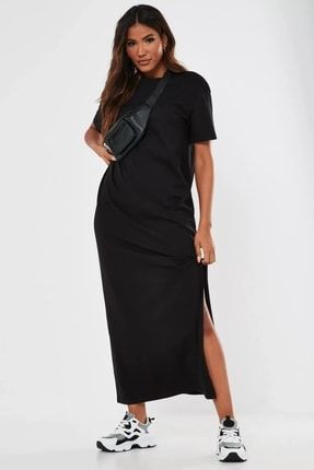Siyah Kadın Büyük Beden Uzun Derin Sol Bacak Yırtmaçlı Uzun Tişört Elbise YENI93KDNELBS