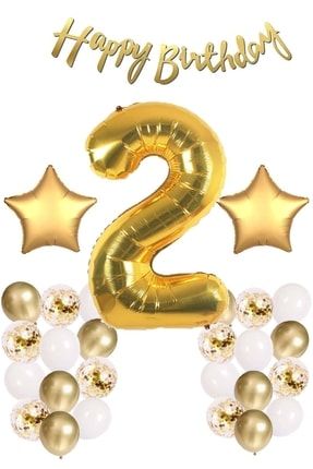 Gold Konsept 2 Yaş Doğum Günü Kutlama Seti; Beyaz Gold Konfetili Balon, Rakam Yıldız Folyo Ve Banner PG0546B