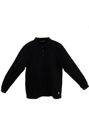 Unısex Siyah Polo Yaka Düğmeli Uzun Kol Şardonlu Sweatshirt 2ESWTV&S21002