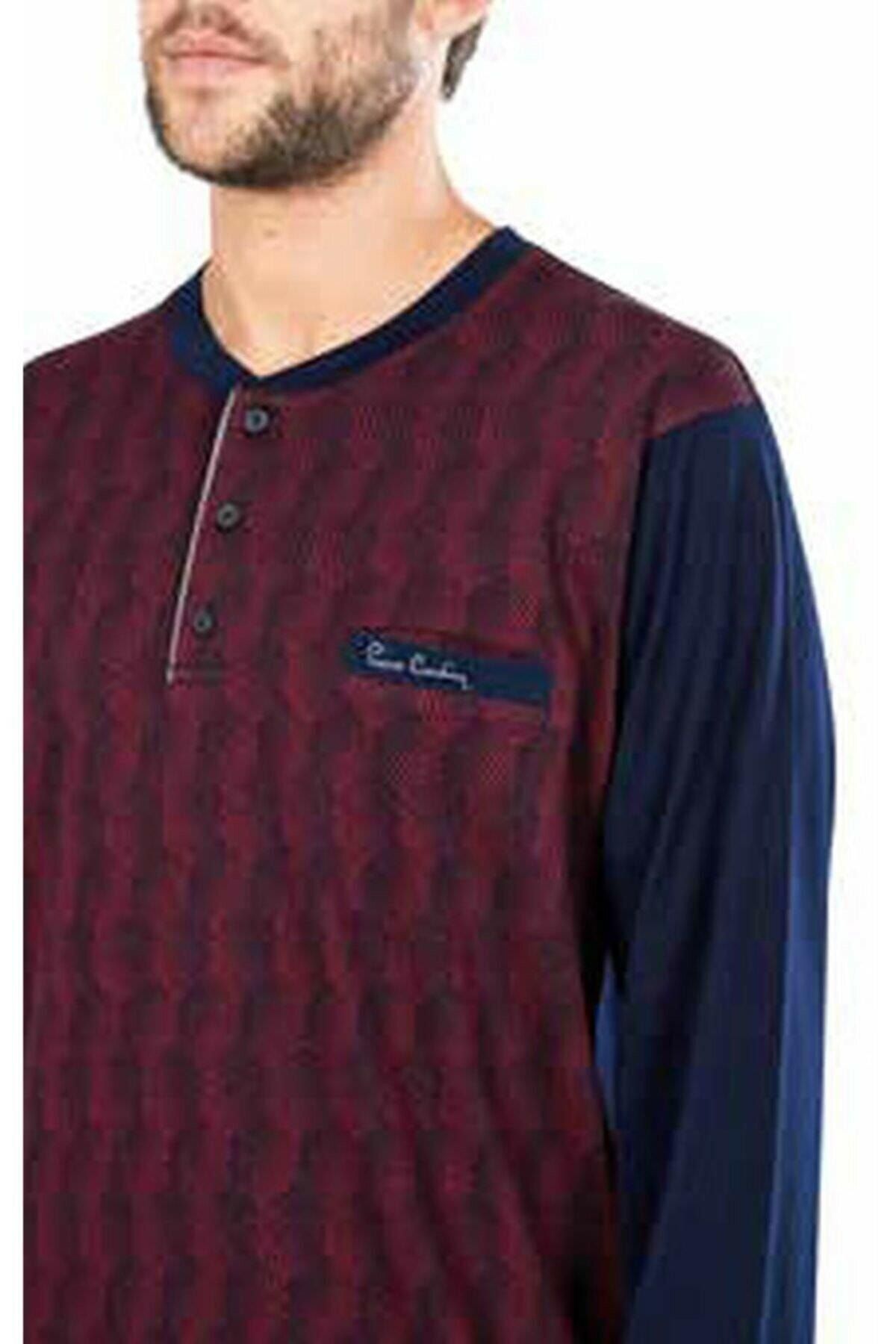 ست پیژامه قرمز مردانه لباس خواب ژاکارد آستین بلند 5465 Claret Red Pierre Cardin